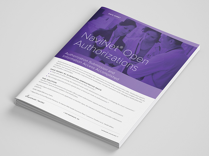 Cover page of a data sheet booklet that discusses healthcare SaaS that speeds up authorization and access to information.