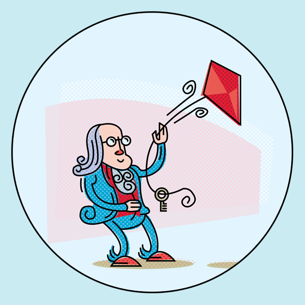 An abstracted line art drawing of Ben Franklin flying a kite.