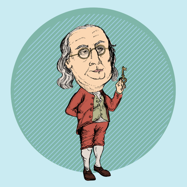 A much more detailed drawing of a big-headed Ben Franklin holding up a key.