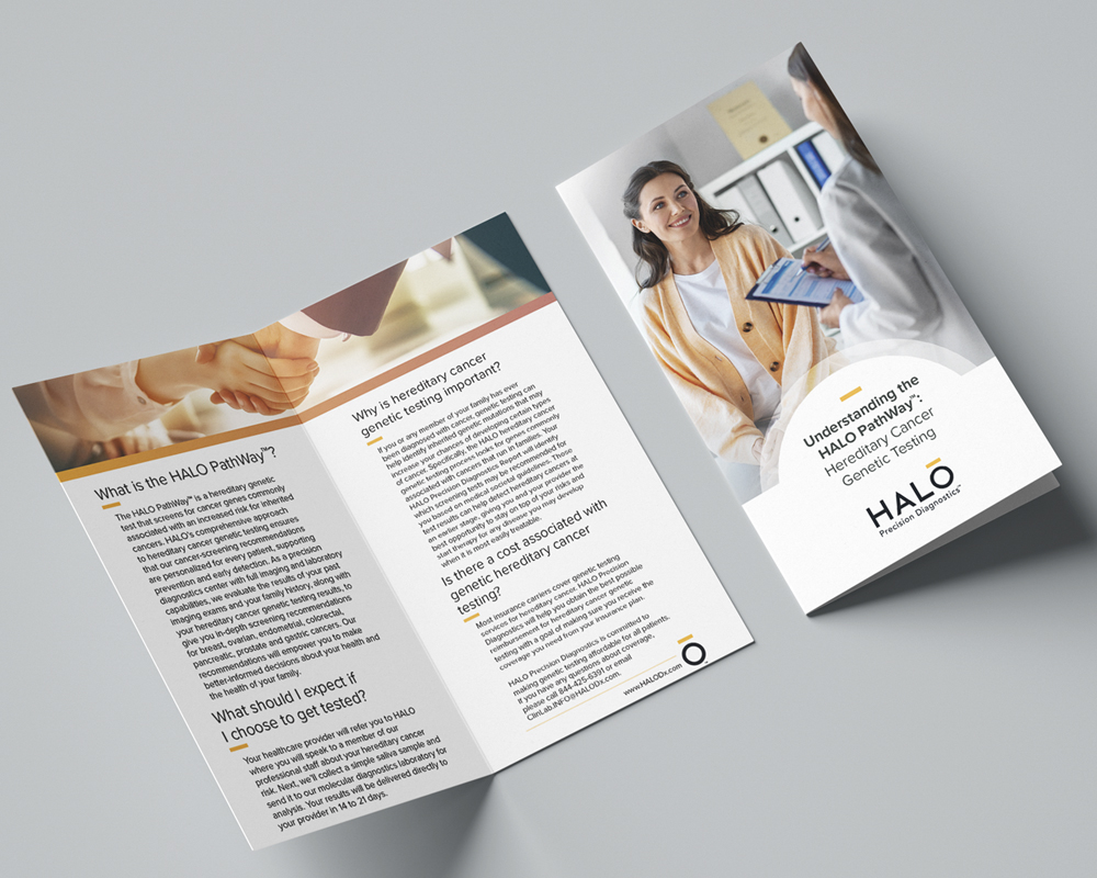Cover and interior spread of a trifold brochure answering questions about hereditary cancer genetic testing.