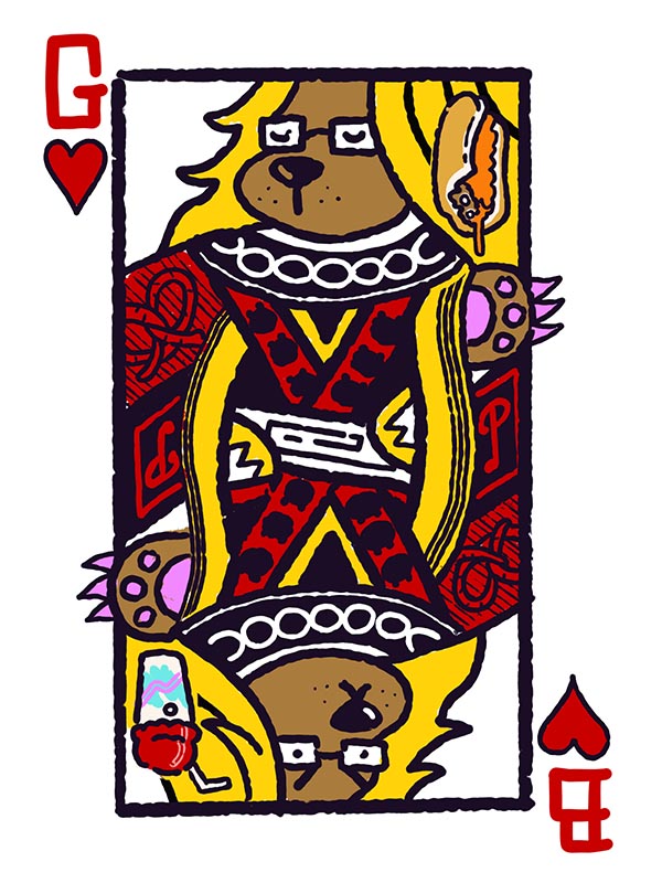 A lady bear regally in the garb of a Queen of Hearts, holding a couple items of Philadelphia-related emphemera.