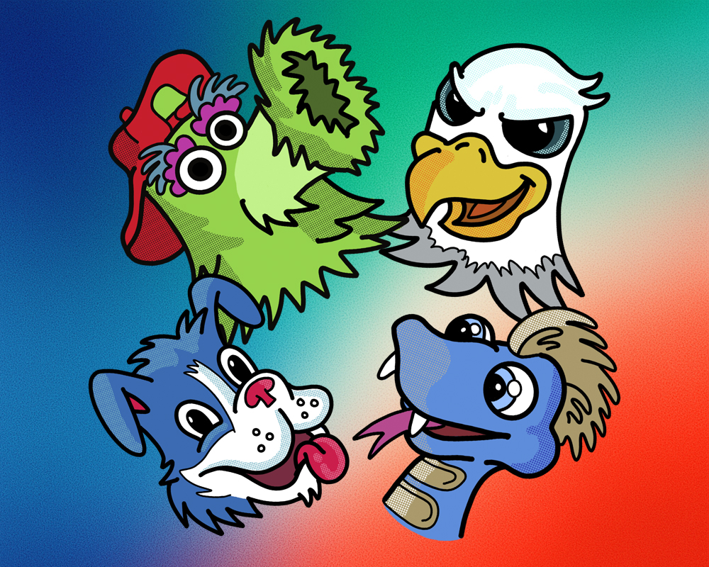 Four Philly team mascot heads arranged together. Each was used separately by the client for custom clothing.